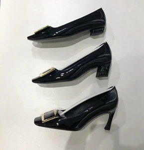 Black-7.5cm Junetxin/женские туфли-лодочки из натуральной кожи без шнуровки обувь с квадратным носком и металлической пряжкой женские демисезонные туфли-лодочки однотонные туфли на высоком каблуке - Цвет: Black-7.5cm