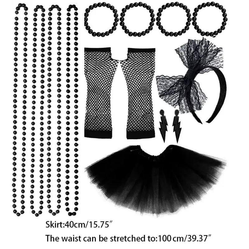 

EDCRFV 1Set Women 80s Fancy Dress Accessories Retro Party Costume Set Adult Tutu Skirt Neon Fishnet Gloves Beaded Necklace Set