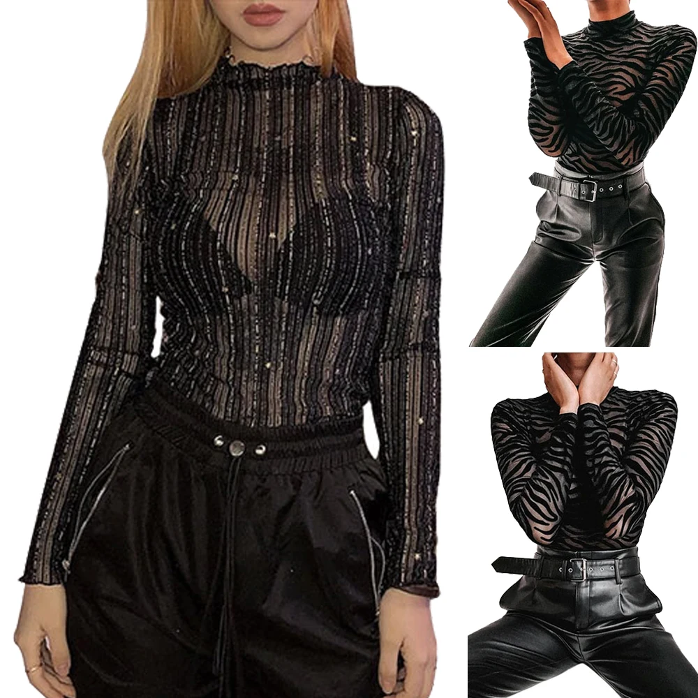 Brand New Women Sexy Perspective Bodysuits Long Sleeve High Ruched Neck Zebra Striped See-through Bodysuit Tops Jumpsuits