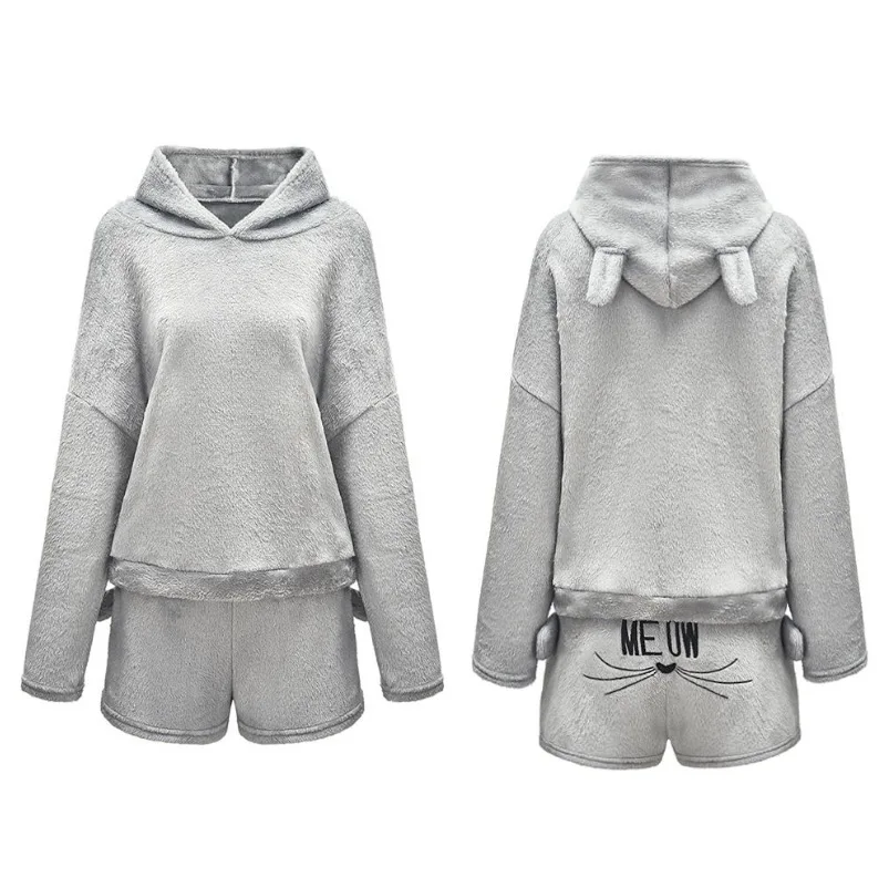 Sports Suit Female Women tracksuit Plus Size 5XL Winter Warm Pajamas Two Piece Set Sleepwear Cute Cat Meow Pattern Hoodies