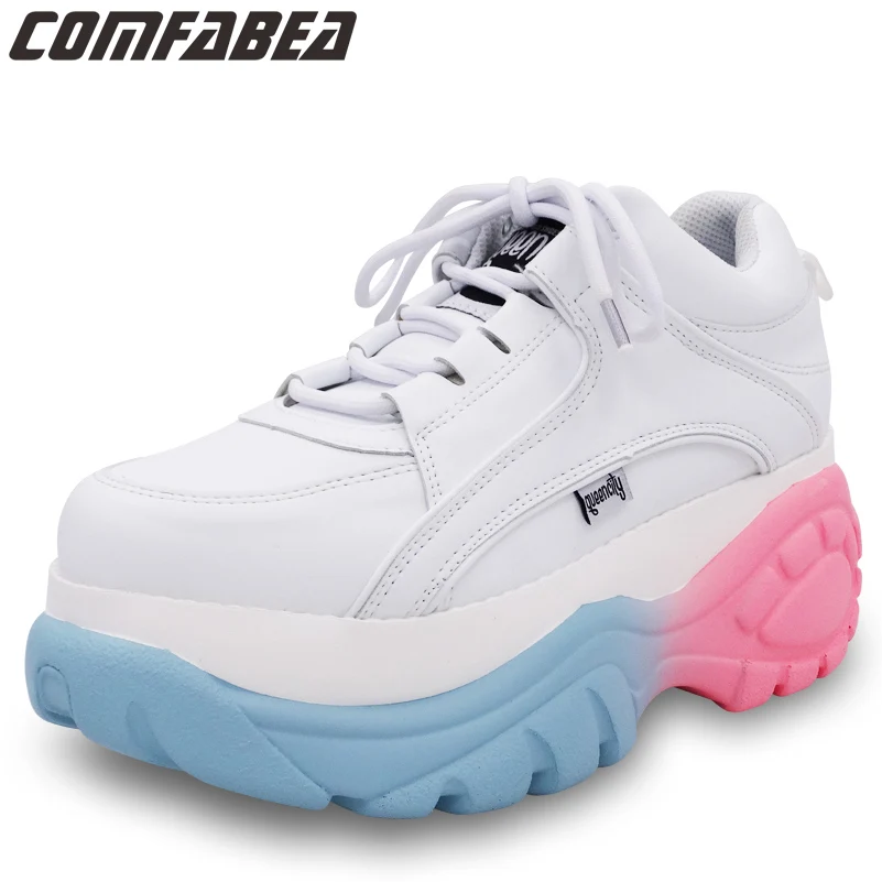

COMFABEA Winter 2019 Ankle Boots For Women Fashion Platform Boots Lace Up White Black Wedges Boot For Women
