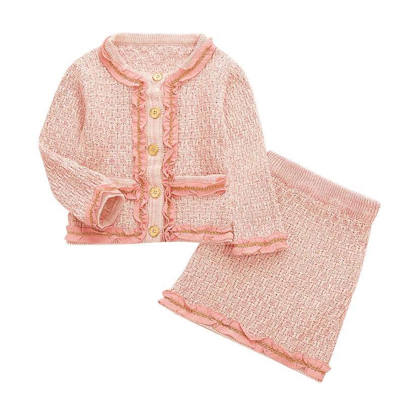 

2019 Fall Little Girls Sets Korean Knitted Cotton Princess Cardigan Sweater Coat+Skirt Kids Party Outfits 2-7Yrs Toddler Clothes