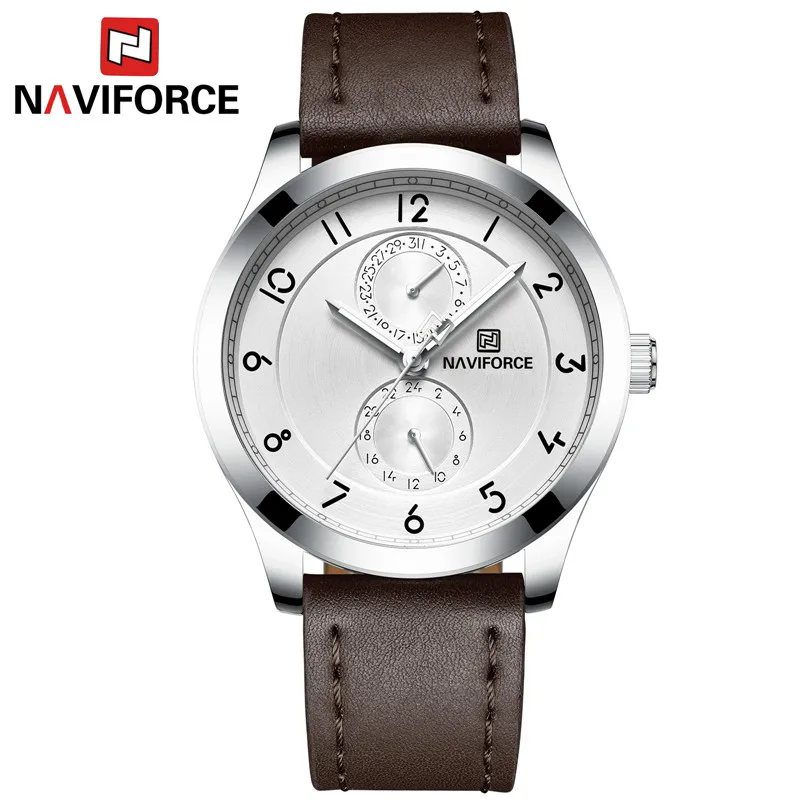 Мужские наручные часы naviforce лучший бренд класса люкс водонепроницаемые кварцевые с датой часы ультратонкий кожаный ремешок мужские спортивные часы мужские - Цвет: white-silver