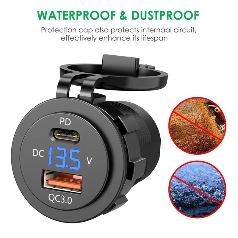 

IP66 Water Proof 12V DC Power Delivery QC3.0 Dual Type-c 5V 3A USB Motorcycle Cigarette Lighter Socket Charger Connector