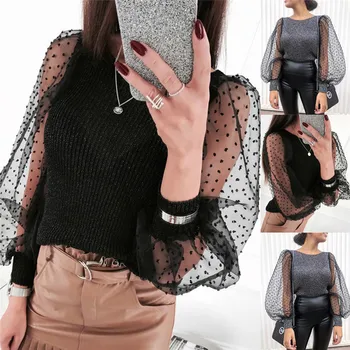 

hirigin new Fashion Women Mesh Puff Long Sleeve sweaters female Tops Sheer Tees Casual HOT o-neck see through sleeve solid