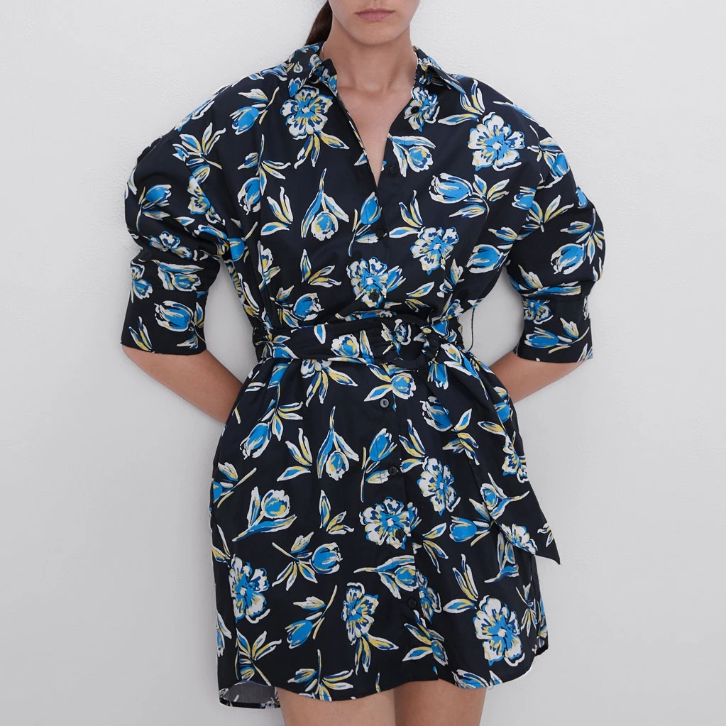 

2019 Autumn New Floral Print Women Dress Personality Office Lady Three Quarter Sashes Mini Black Shirt Dress