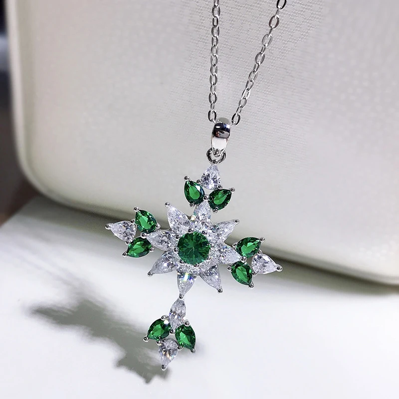 OEVAS 100% 925 Sterling Silver Emerald High Carbon Diamond Cross Pendant Necklace For Women Sparkling Wedding Fine Jewelry Gift