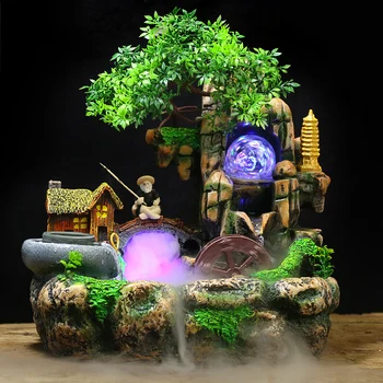 

110V/220V Retro Resin Rockery Flowing Water Fountain Desktop Humidifier Ornaments Lucky Feng Shui Wheel Home Decor Water Feature