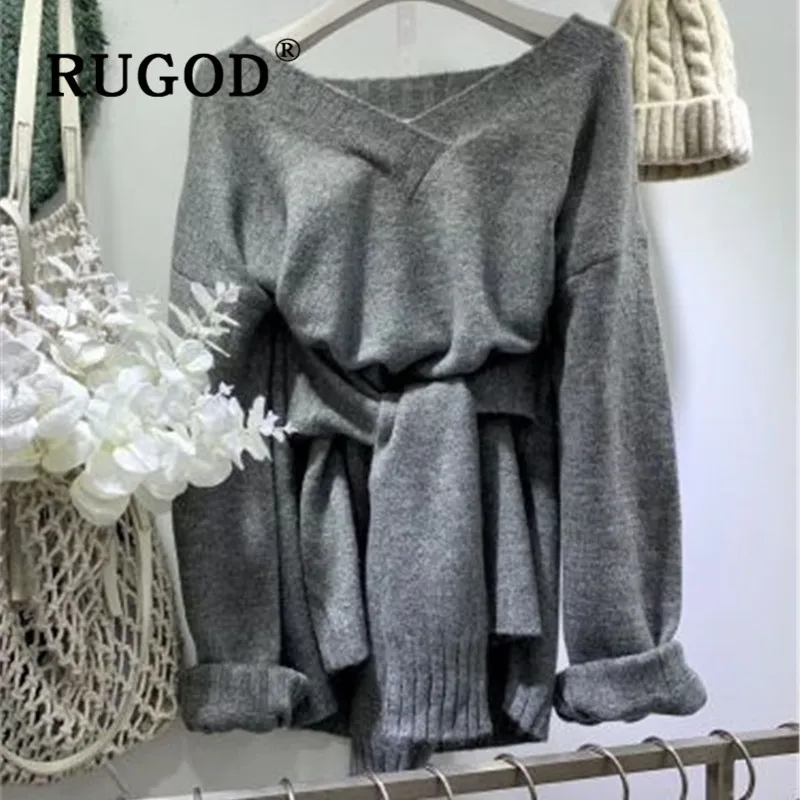 RUGOD Korean New Style Chic V-neck Solid Color Pullover Elegant Belted Sweater Ladies Winter Tops For Women Fashion