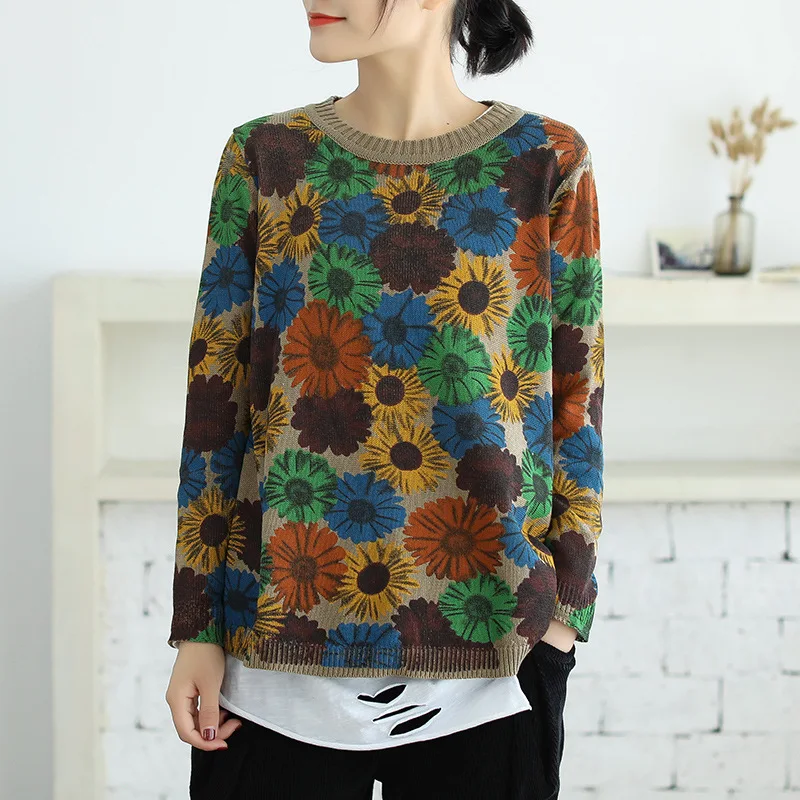 khaki sweaters Пуловер с круглым вырезом, хлопковая трикотажная рубашка, свободный, большой размер, винтажный, Подсолнух, тонкий, модный свитер, компьютерный, вязаный, пуловеры - Цвет: khaki sweaters