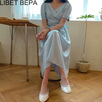 

2020 New Summer Women Dress High Waist Lace up Bow Backwards V-Neck Pleated Elegant Fashionable Puff Sleeve Long Dress DR1939