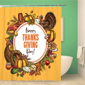 

Bathroom Shower Curtain Thanksgiving Day of Traditional Roasted Turkey and Fruit Pie Polyester Fabric 66x72 inches Waterproof