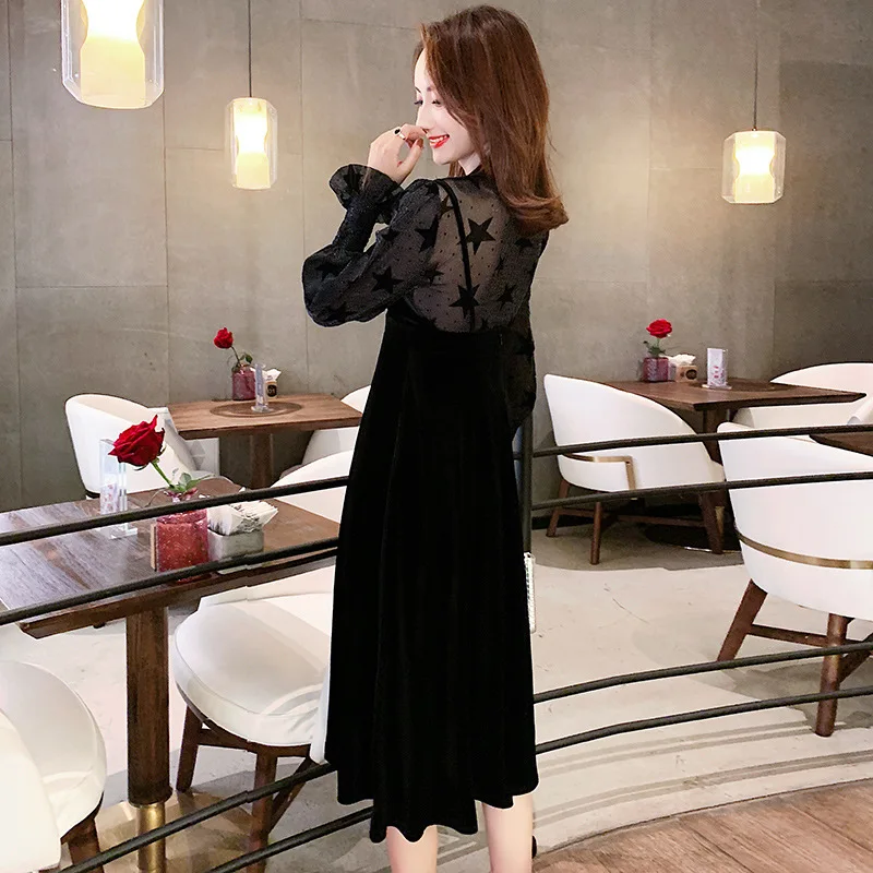 

New Style Transparent Embroidered Lantern Sleeve Velvet Camisole Mid-length Suit Dress