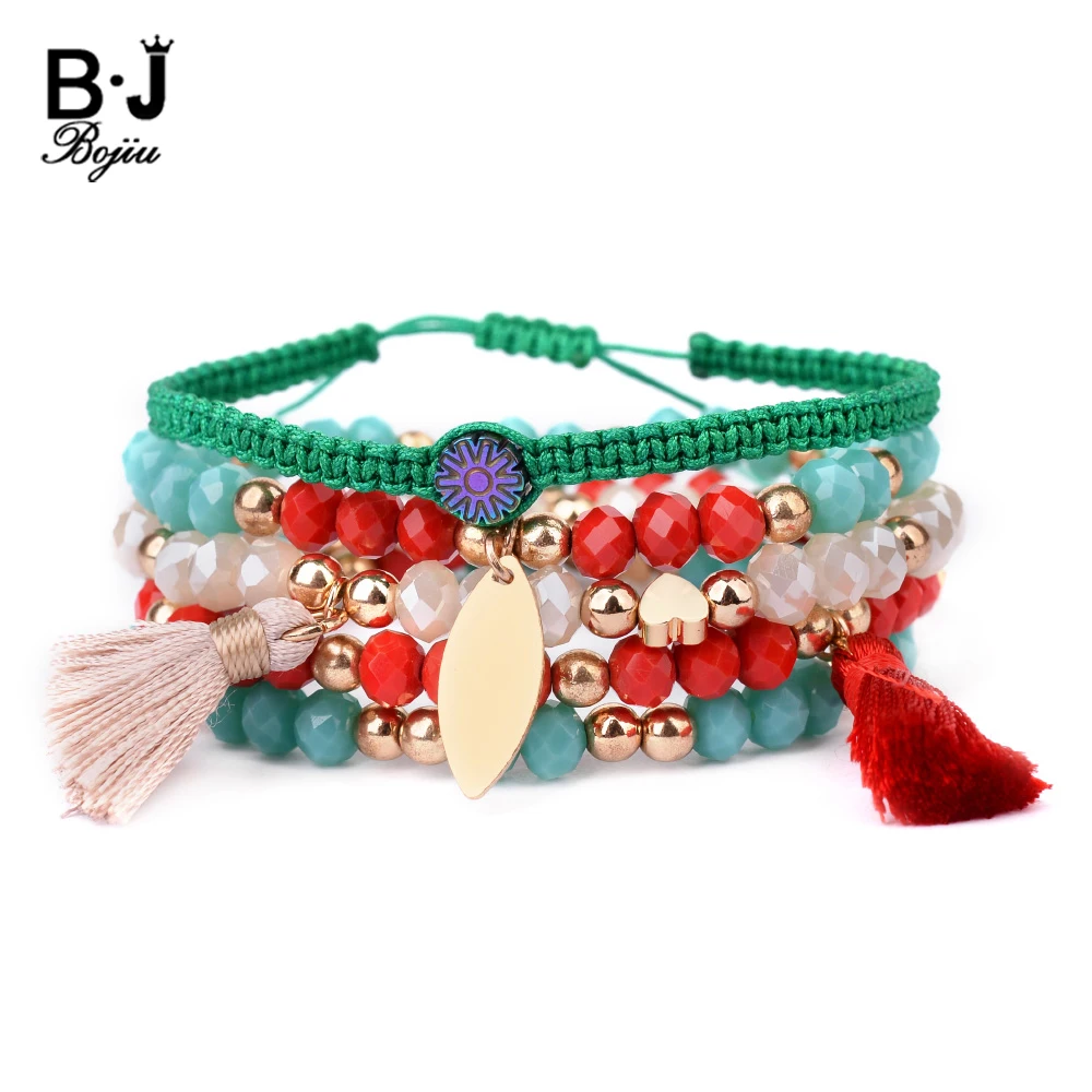 BOJIU Boho 5 шт./компл. эластичные браслеты с хрустальными бусинами для женщин золотые