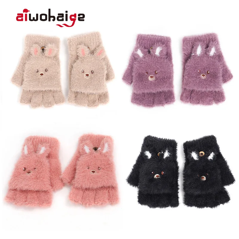 

2019 New Winter Ladies Cute Gloves Mohair Women Bear Knitting Gloves Girls Button Half Finger Exposed Glove Wool Warm Mittens