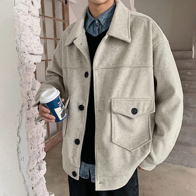 light gray Зимняя новая мужская шерстяная куртка, модная однотонная повседневная шерстяная куртка с большими карманами, Мужская Уличная Свободная куртка - Цвет: light gray