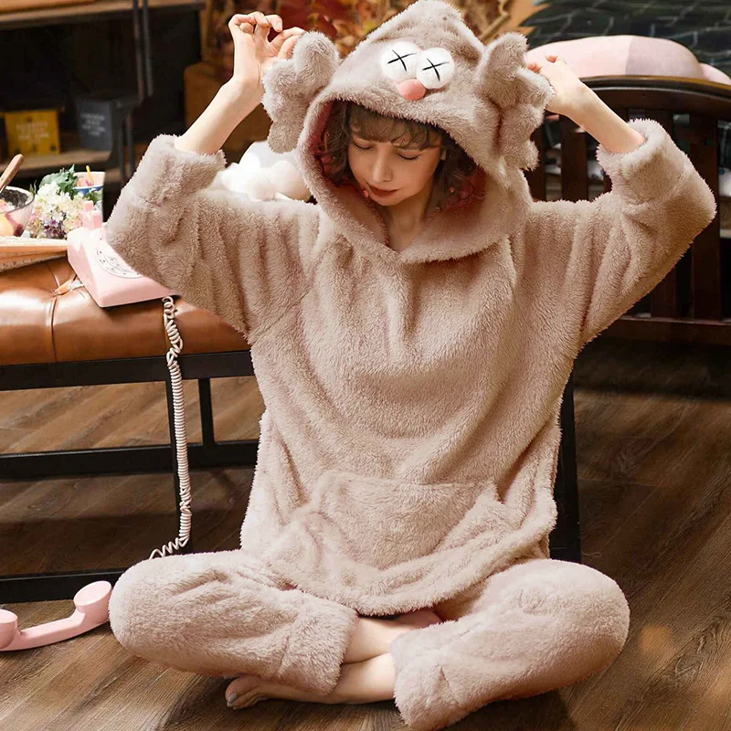 

Autumn & Winter Long Velvet Pajamas Women's Plus-sized Fat Mm 200 Thick Hooded Coral Velvet Homewear Set