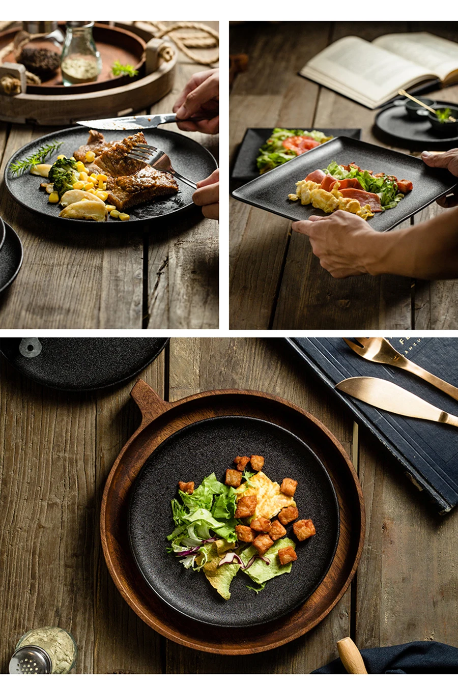 Ceramics Plate Set Home Black Plates Dishes Japanese Style Dinnerware Set Kitchen Decoration Steak Western Food Breakfast Plates