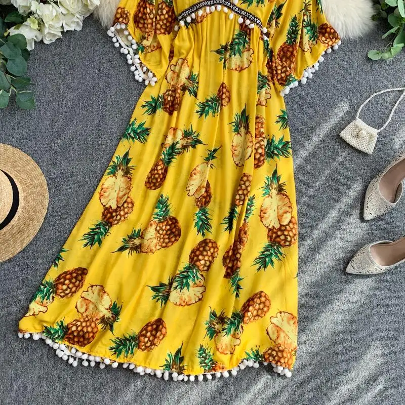 new fashion women's Beach holiday beach feminine deep V-neck pineapple print dress