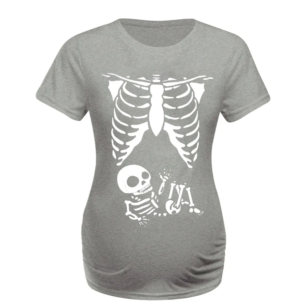 Halloween Women Maternity Clothes Pregnancy Short Sleeve Cartoon Baby Skull Pregnant T-shirt Top Embarazada Casual Cotton Blouse