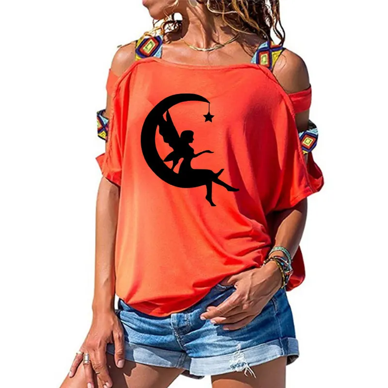 14 Женская одежда, Moon Fairy-Crescent Moon Tee, футболка со звездами, Женский Топ с коротким рукавом, женская сексуальная открытая футболка с открытыми плечами - Цвет: 14