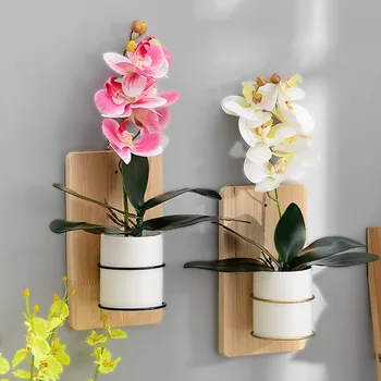 

Nordic Home Decoration Vintage Wall Mounted Ceramic Flower Pots With Wood Stand Wall Hanging Planter Pot For Succulent Plants