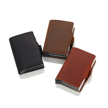 

1 Piece Crazy Horse Leather Aluminum Vintage Card Holder Rfid Wallet Unisex Crazy Horse Leather Double Box Credit Card Holder