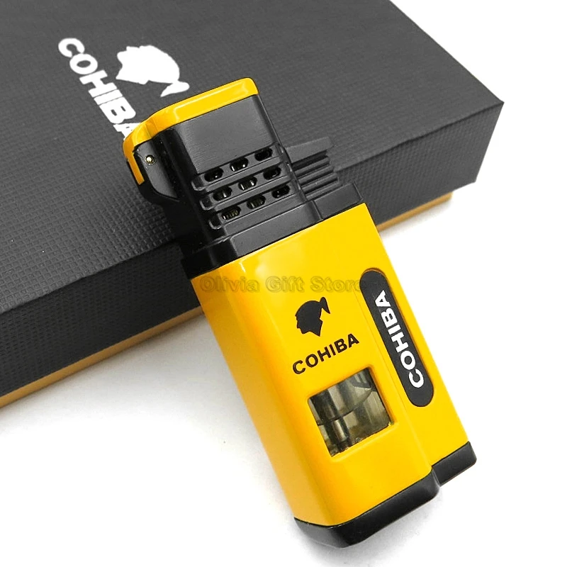Cohiba металлический 4 фонарь струйный огонь сигарета Табак Зажигалка многоразового использования с перфорацией портативный инструмент для курения на открытом воздухе аксессуары - Цвет: Yellow