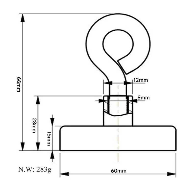 BMBY-круглый неодимовый Eyebolt магнит, тяговая сила 120 кг, рыболовный магнит, супер сила N52, диаметр X 60 мм толщиной X 15 мм для спасательных работ