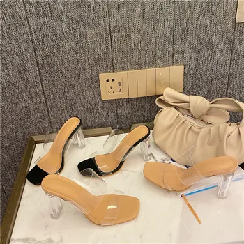 

High-heeled Shoes Lady Low Ladies' Slippers Transparent Heel Slipers Women Luxury Slides Jelly Flip Flops Female Tap Heels 2020