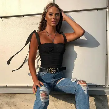 

Women Sleeveless Bodycon Bust Casual Tank Tops Bow Bandage Crop Tank Tops Summer Solid Black White Female Vest Tube Tops