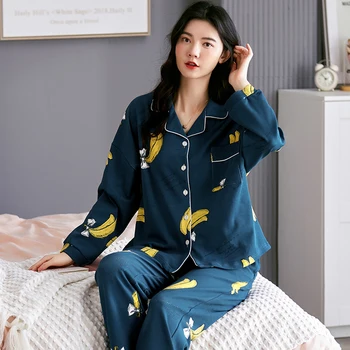 

2020 New Autumn Women Cotton Pajamas Set Simple Banana Printing Sleepwear Soft And Comfort Homewear Pijama Set