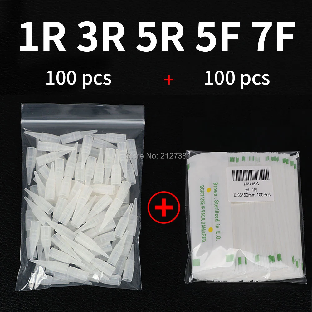 Agujas de tatuaje profesionales esterilizadas desechables para maquillaje permanente, agujas de PMU + puntas de jeringa, 1R, 3R, 5R, 5F, 7F, 100 Uds.