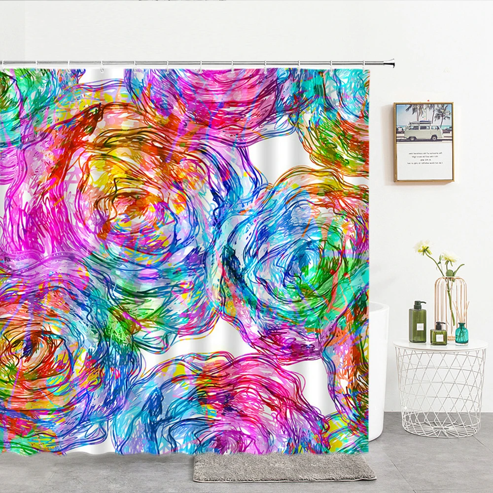 

3d Colorful Flowers Shower Curtains Printing Bathroom Curtains Waterproof With Hooks Decoration Polyester Cloth Bath Screen