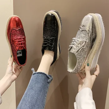 

Muffin shoes thick bottom spring 2020 new wild patent leather rhinestones increase single shoes retro Brock women's shoes