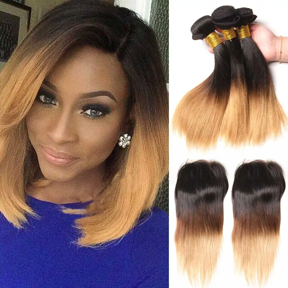 1B27 Ombre Straight Hair Bundles With Closure Brazilian Hair Weave Bundles With Closure Remy Human