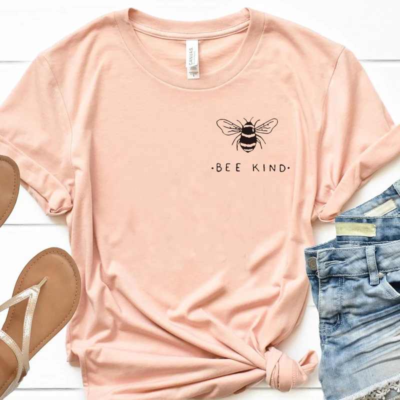 Женская футболка с карманом и принтом пчелы Tumblr Save The Bees, женские футболки больших размеров, хлопковые топы с круглым вырезом, Прямая поставка - Цвет: peach