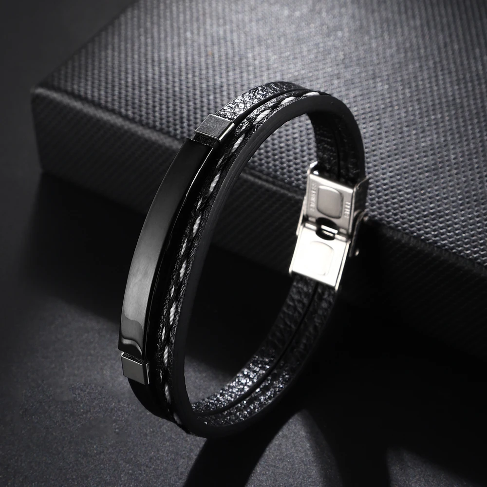 Engraved Name Genuine Leather Bracelet Double Layer Design Black Golden Stainless Steel for Men Punk Jewelry Gift Free Shipping - Image 5