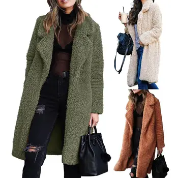 

Fashion Women Winter Thicken Plush Lapel Solid Color Long Sleeve Warm Cardigan Midi Coat Polyester Fiber/ Spandex Women's Coat