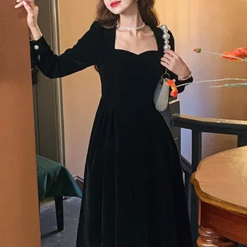 French Velvet Midi Dress Office Lady 2021 Winter Black Vintage Dress Evening Party Long Sleeve Elegant One Piece Dress Korean 1