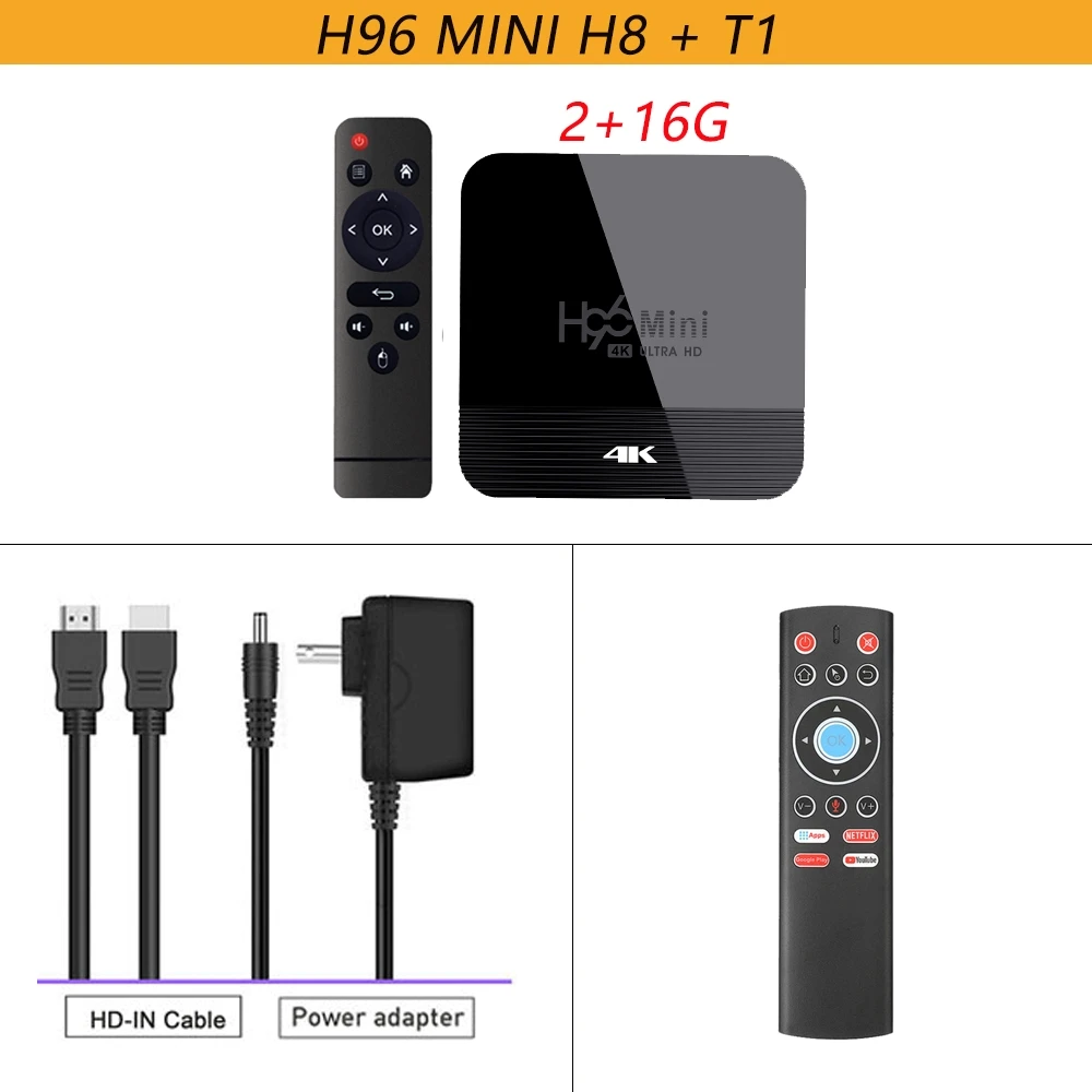 H96 мини h8 RK3228A Youtube Android tv BOX Android 9,0 Smart tv BOX Google голосовой помощник Play Store Netflix Youtube 4K - Цвет: 2g 16g n T1