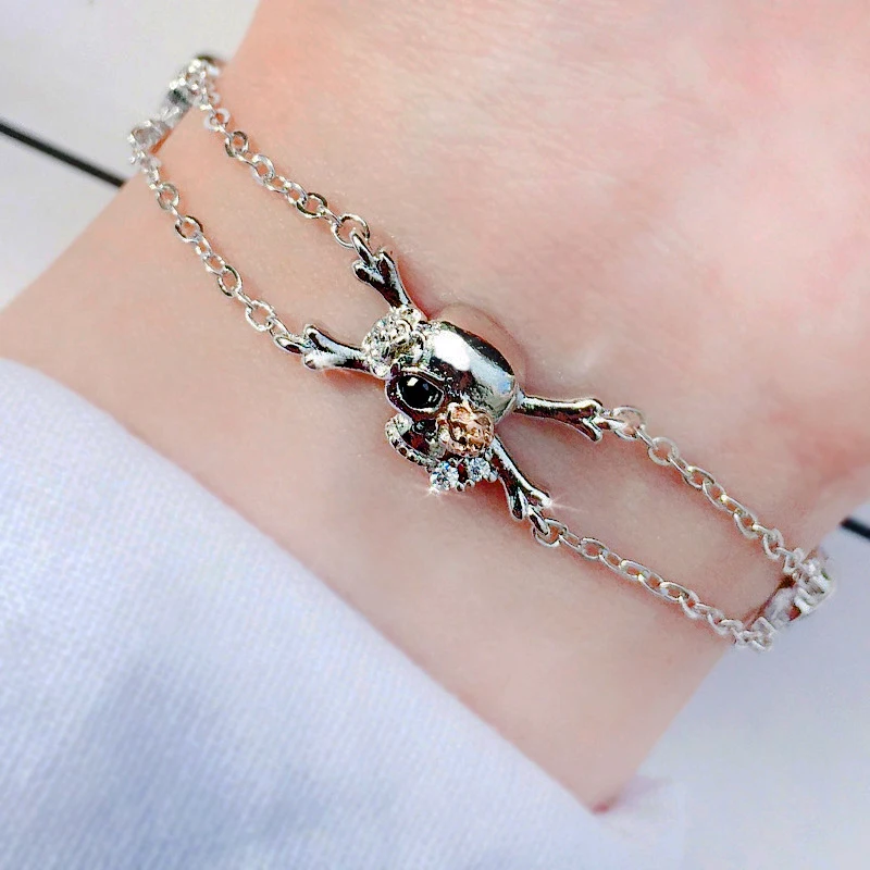 Двойной ярмарка унисекс череп и розы браслет для женщин и мужчин в стиле Панк Серебряный цвет скелет руки Catenary модные ювелирные изделия KBH094