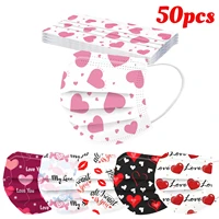 10/50pcs Valentine's Day Disposable Face Mask For Adult Heart Print Masks Sweet Couple Non Woven 3Ply Filter Earloops Mouth Mask 1