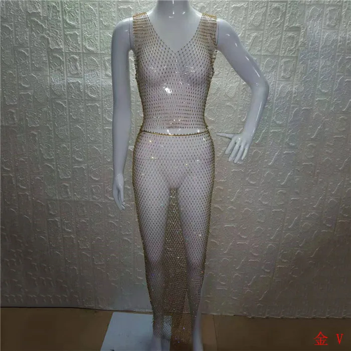 Gold V Neck Блестящая клетчатая одежда со стразами; комплект из 2 предметов; сетчатый топ; пикантная трикотажная юбка-карандаш; женские комплекты одежды; пляжная одежда - Цвет: Gold V Neck