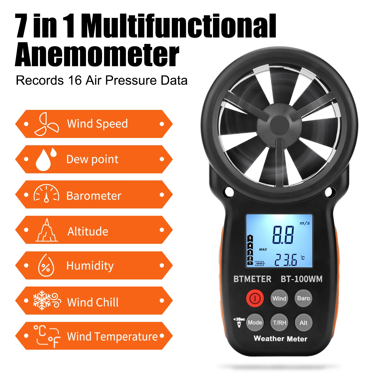 BTMETER BT-100-WM 디지털 풍속계 기압계 핸드 헬드, 풍속 온도 바..