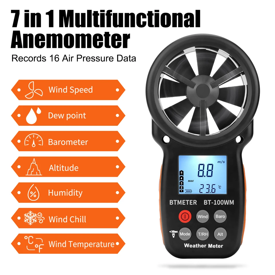 WapoRich RQ-100WM Digital Anemometer Barometer Handheld Wind Speed Meter Measure Humidity/Altitude/Barometric/Windchill/Air Temperature For Sailing Windsurfing HAVC