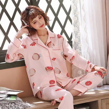 

FZSLCYIYI Women Pajamas Faux Silk Sleepwear Satin Pajamas Set Flower Print Long Sleeves 2 Piece Autumn Summer Homewear