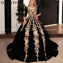 Арабский черный бархат мусульманское бальное платье вечернее платье для девочек с рукавами с золотым кружевом V образным вырезом Турции вечерние Вечерние платья в Дубае