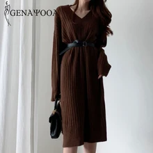 Ganayooa Winter Long Sweater Dress Women Dress Casual V Neck Knitted Winter Dress Long Sleeve Wool Elegant Solid Vestidos