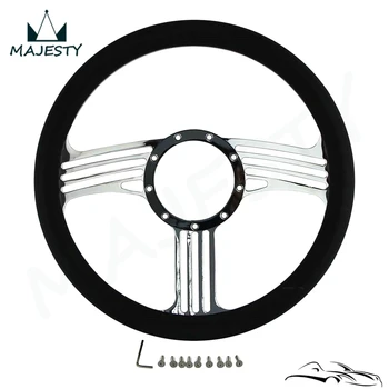 

9 Bolts 14" Chrome Billet Aluminum Slash Steering Wheel Black Leather G M Chevy